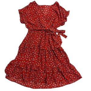 Monteau Red Floral Cross-Over V-Neck Tiered & Ruffled Dress L EUC